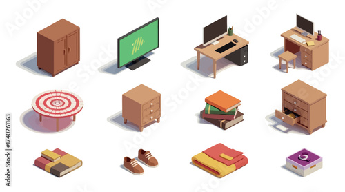 Vector art of isometric furniture and home decoration objects