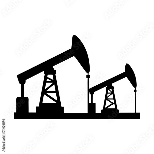 Two Oil Well Pumps Black Silhouette Against White Background Image