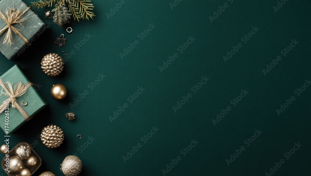 Naklejka premium Festive Christmas decor, muted greens and golds on a dark background