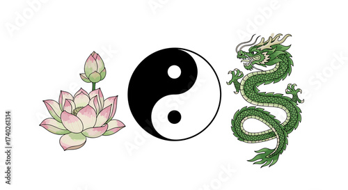 Harmony of Symbols: Lotus, Yin Yang, and Dragon Illustration