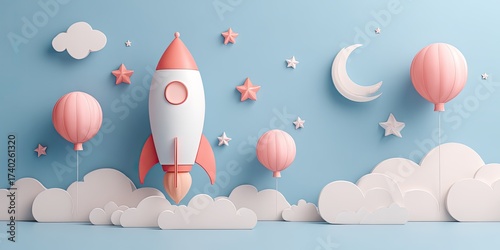 Fototapeta Naklejka Na Ścianę i Meble -  Pastel rocket ship taking off amidst clouds, balloons, and stars in a whimsical, lighthearted scene