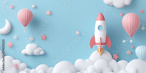 Fototapeta Naklejka Na Ścianę i Meble -  Pastel-colored rocket ship taking flight amidst clouds, hot air balloons, and stars