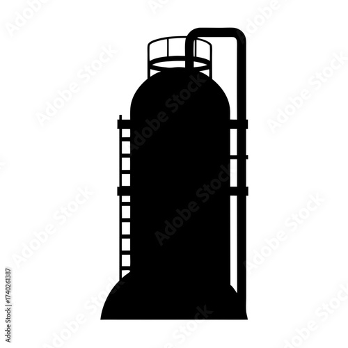 Silhouette illustration of an industrial chemical storage tank with piping and ladders
