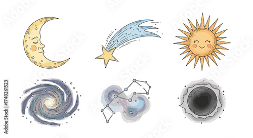 Whimsical Celestial Collection: Sun, Moon, Galaxy, Constellation, Star, Eclipse