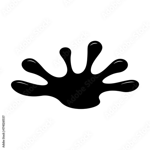 A sleek black inkblot illustration on a crisp white background is presented here