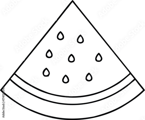 Vector art of outline drawing of a slice of watermelon, showing its triangular shape, rind, and seeds, perfect for summer themes