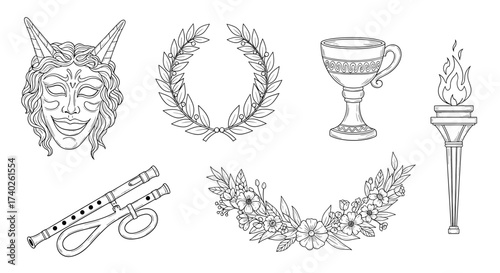 Classical symbols vector illustration with theatrical mask, wreath, chalice, torch, and flute