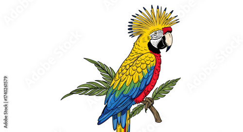 Vibrant Parrot with Crest Perched on Tropical Branch Artwork