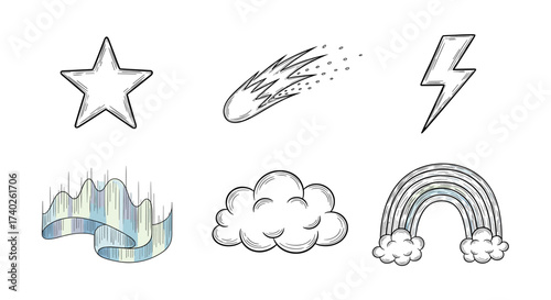 Weather and Atmospheric Elements Doodles Collection, A White Background Set
