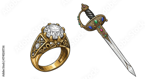 Exquisite treasures: a golden ring and a jeweled short sword