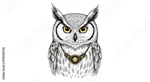 Elegant Owl Portrait Wearing a Steampunk Necklace on White Background