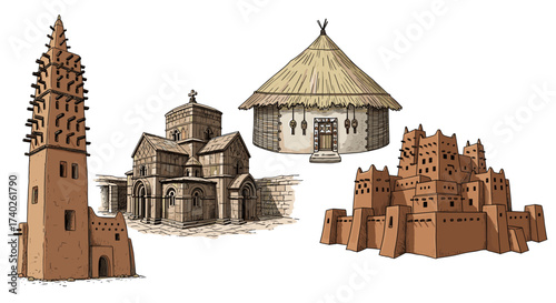 Architectural Diversity: Illustration of Unique Buildings from Different Cultures