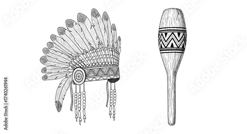 Native American Headdress and Maraca Line Art Illustration Isolated