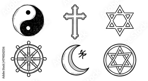 Graphic symbols displaying world religions and philosophies for global understanding.