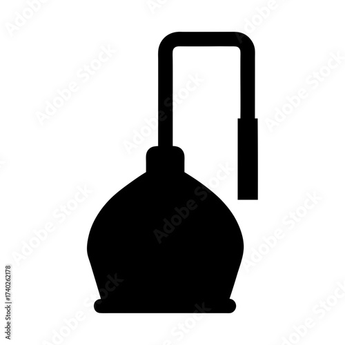 A black silhouette illustration of a traditional alembic still for distillation