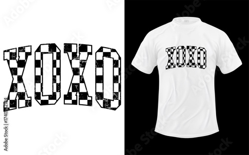 Graphic design of xoxo text in black and white checkerboard pattern on a white t shirt