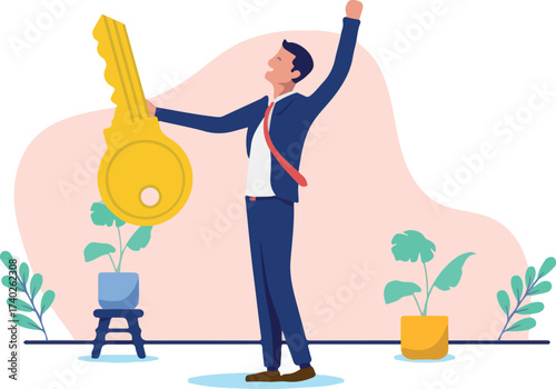 Businessman with key to success - Businessperson man standing holding golden key in hand, cheering and feeling happy for opening new opportunities in career and business. Flat design vector graphic