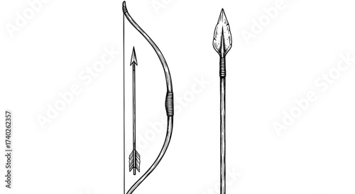 Hand Drawn Bow Arrow and Spear Hunting Illustration Isolated