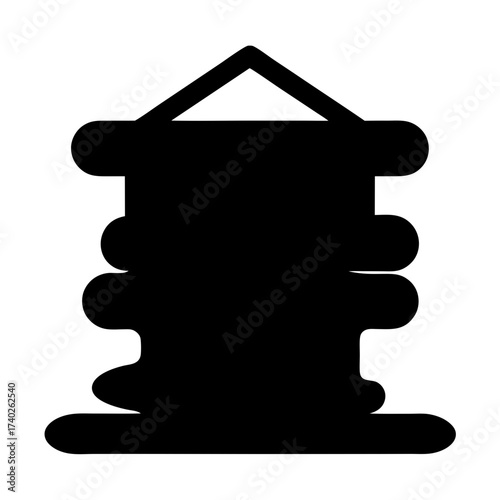 Stylized image of stacked elements suspended with an overhead triangle hanger