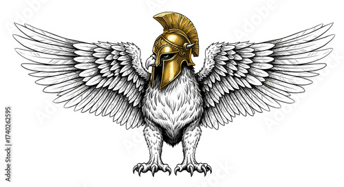 Majestic griffin warrior with golden spartan helmet and powerful wings