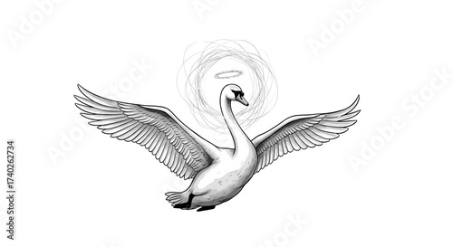 Majestic swan in flight with halo of grace and purity