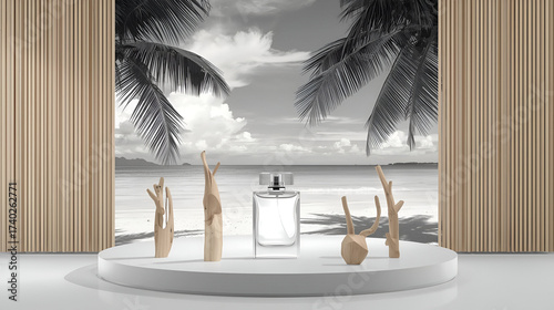 Luxury perfume bottle displayed with abstract sculptures on a pedestal