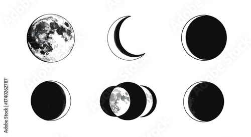 Moon Phase Illustration: Lunar Cycle in Black and White