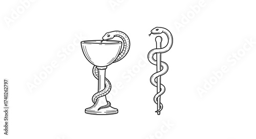 Asclepius symbols: Rod with snake and Hygieia's cup on white background.