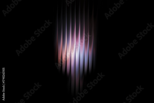 Abstract futuristic background with vertical glowing stripes of iridescent light refracting through textured glass.