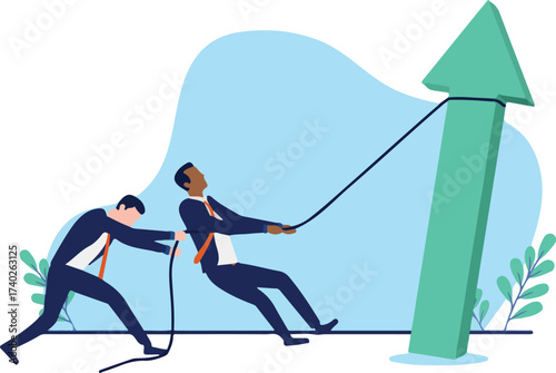 Work hard for success - Two determined businesspeople changing direction and making recovery of company success by pulling green arrow towards growth and profits. Flat design vector stock illustration