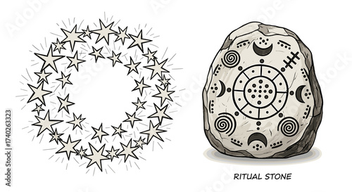Starry Circle with Ritual Stone, Ancient Symbols and Mystical Elements