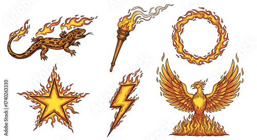 Fiery Creatures and Emblems: An Artistic Cartoon Illustration Collection