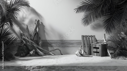 Serene black and white tropical beach scene with palm trees and driftwood