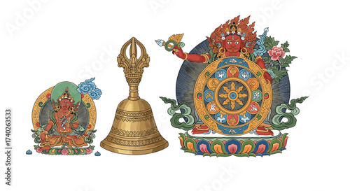 Colorful Buddhist Deities and Symbols in Traditional Tibetan Art Style