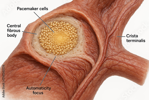 Anatomical illustration of the heart's sinoatrial (SA) node, showing pacemaker cells, central fibrous body, crista terminalis, and automaticity focus.