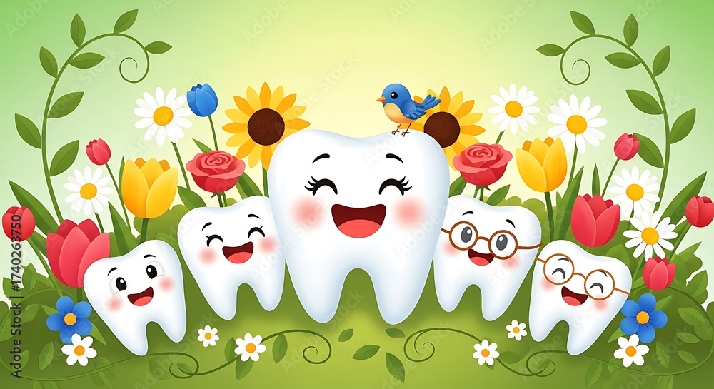 Naklejka premium Happy cartoon teeth characters in a vibrant spring garden with colorful flowers.