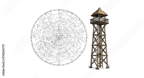 Celestial Chart and Wooden Tower: Exploration and Discovery Await