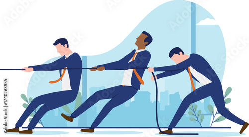 Business teamwork - Team of diverse businessmen pulling rope and working together. Flat design vector on white background