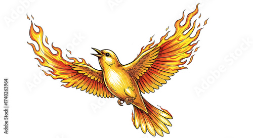 Fiery Flight: Phoenix Bird Ascending with Wings Ablaze in Gold