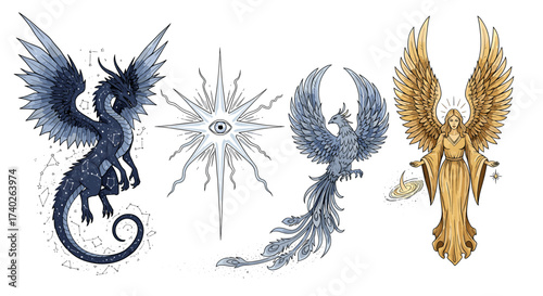 Celestial Mythical Creatures Illustration: Dragon, Star, Phoenix, and Angel