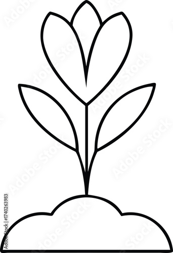 Vector art of a simple black and white line drawing of a flower growing from the ground