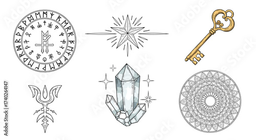 Mystical Elements: Rune Circle, Star, Crystal, Key and Mandala Art