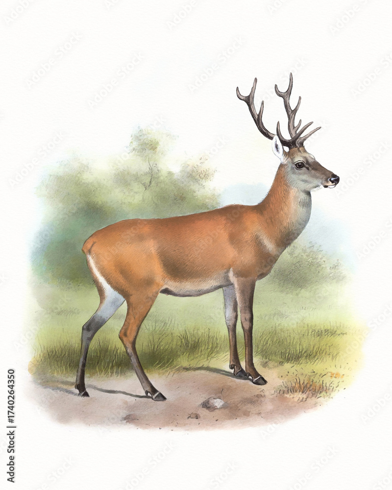Fototapeta premium Deer illustration. Handmade watercolor and pencil drawing of deer on softly textured white background.