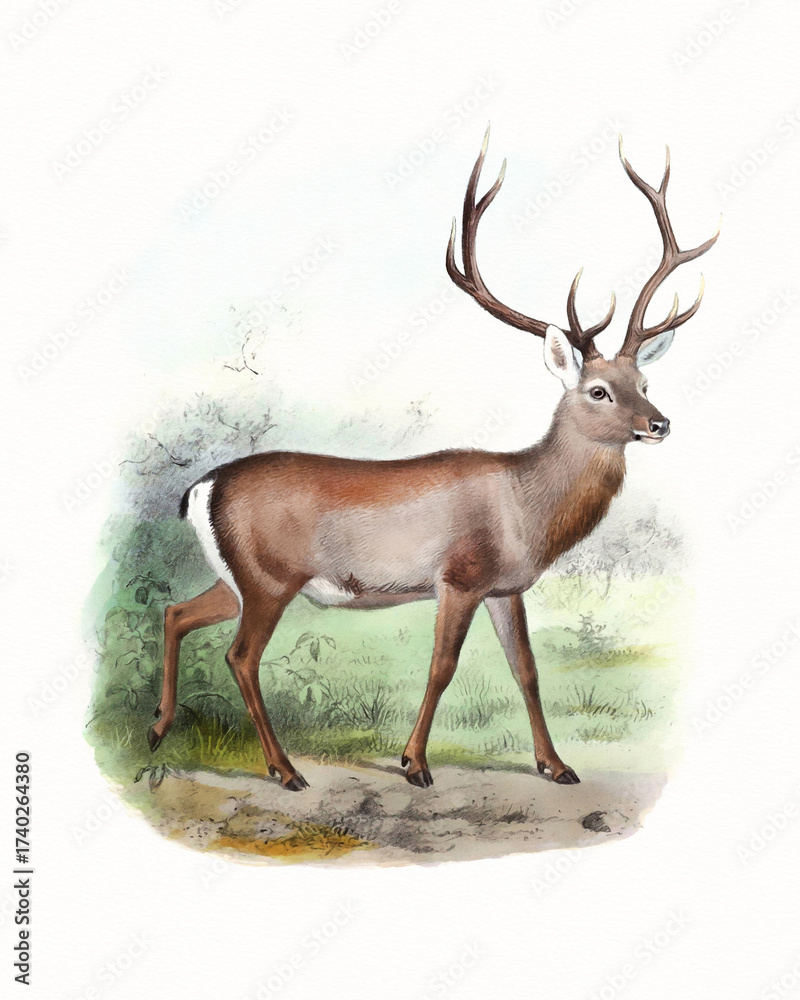 Obraz premium Deer illustration. Handmade watercolor and pencil drawing of deer on softly textured white background.