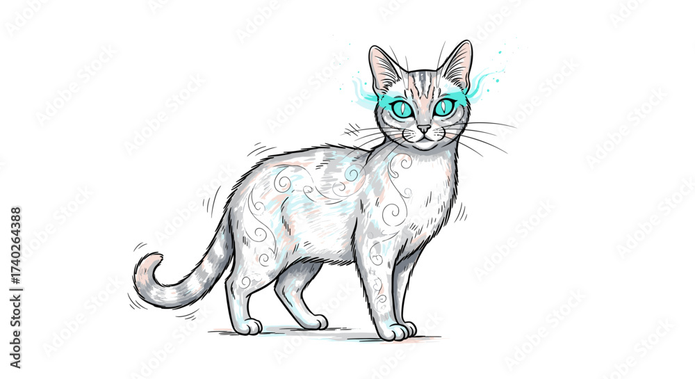 Obraz premium Mystical feline illustration with glowing eyes and swirling patterns.