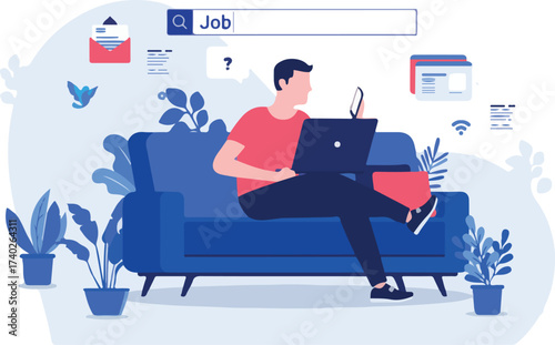 Job search - Man searching job online with his laptop computer from home. Search field over his head. Unemployed, unemployment and searching job concept. Vector illustration