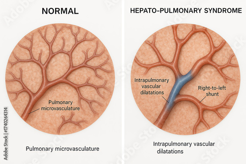 Medical illustration comparing normal pulmonary microvasculature to intrapulmonary vascular dilatations and right-to-left shunt in hepato-pulmonary syndrome.