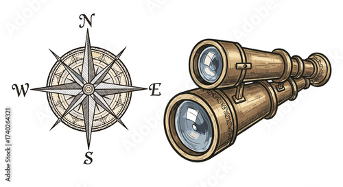 Vintage Compass Rose and Antique Binoculars in Artistic Detail