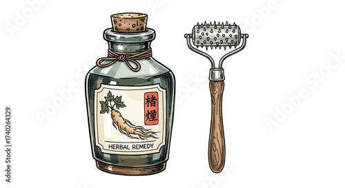 Herbal remedy bottle and massage roller for natural wellness.