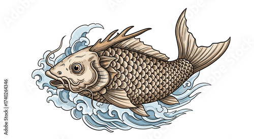 Elegant Koi Fish Leaping Through Water Wave Illustration